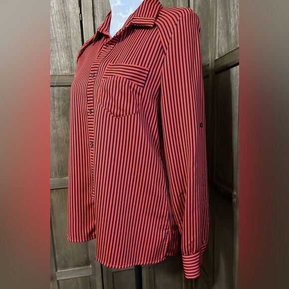 Sabie Orange and Blue Stripe Silk Blouse. - Picture 4 of 7